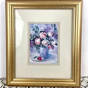 VTG Pink Roses‎ In Vase Penny Dermand Print Wall Decor Hanging Framed 12"x15"